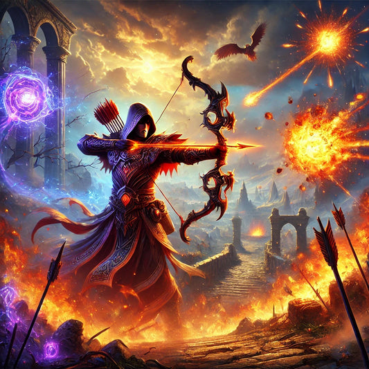 Fantasy illustration of an Elementalist summoning flaming ballistae, firing explosive arrows on a battlefield with fiery bursts and mystical energy, representing Explosive Arrow Ballista in Path of Exile.