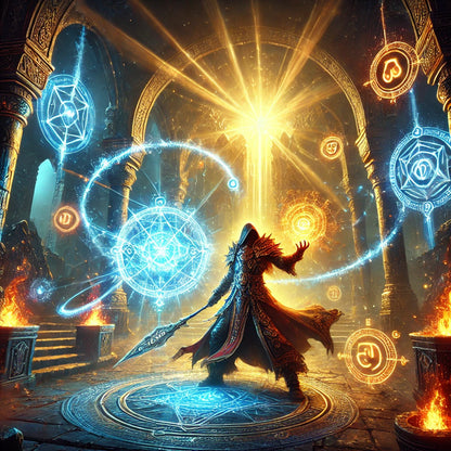 Illustration of a glowing warrior surrounded by magical orbs in a dungeon, representing Path of Exile power leveling.